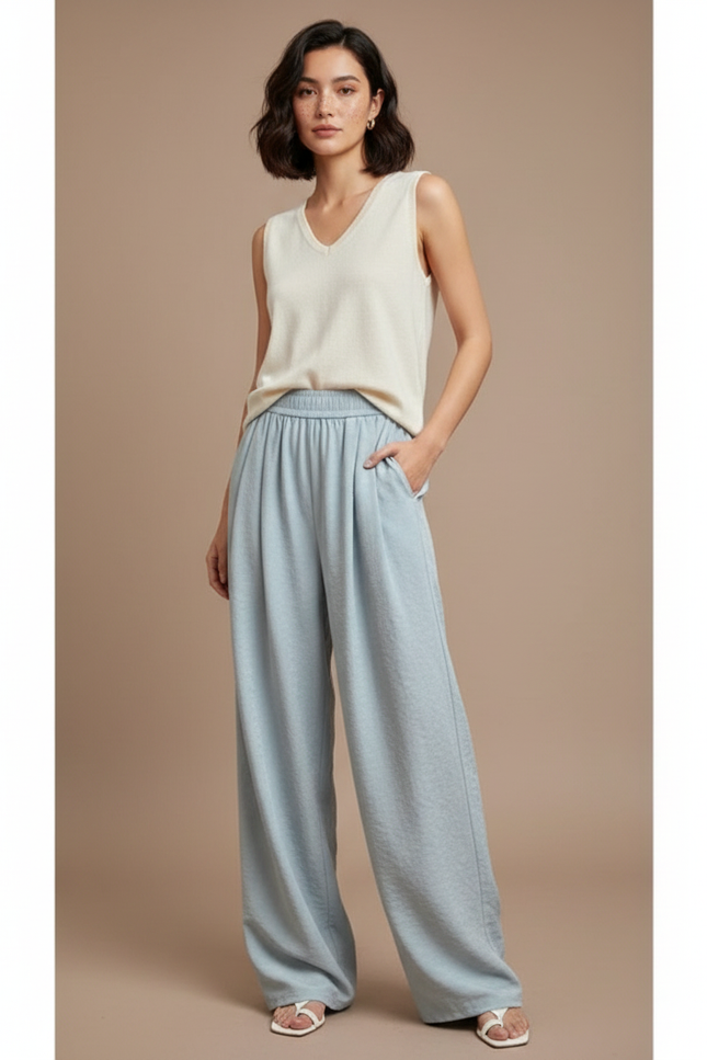 Pantalon Japonais Bleu Ciel Fluide Ample Décontracté Femme - Viscose