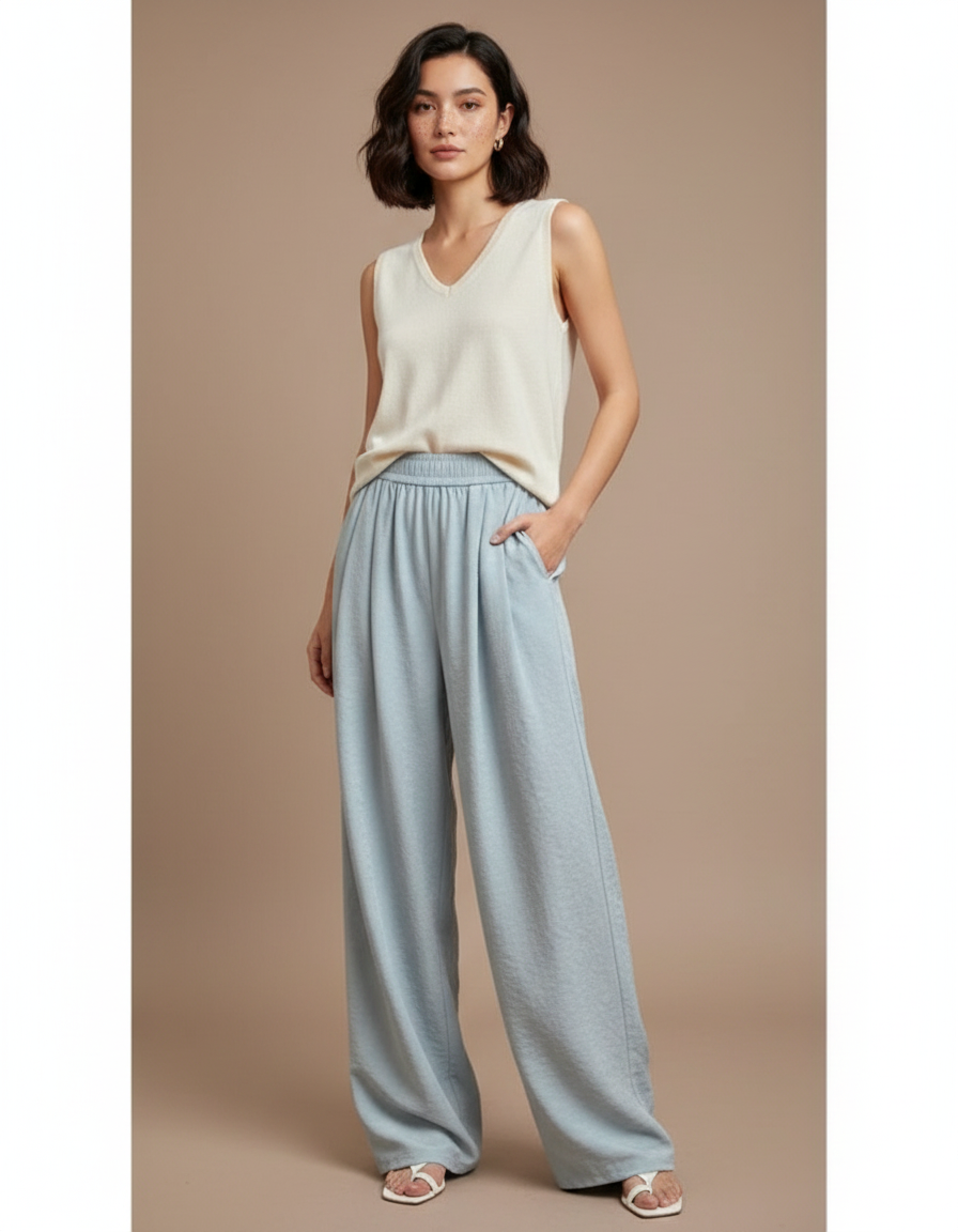 Pantalon Japonais Bleu Ciel Fluide Ample Décontracté Femme - Viscose