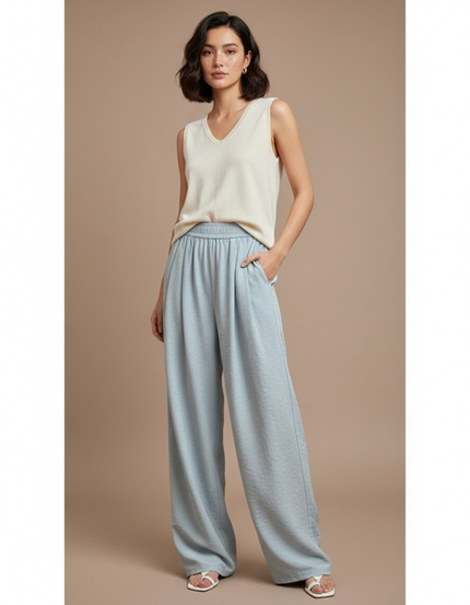Pantalon Japonais Bleu Ciel Fluide Ample Décontracté Femme - Viscose