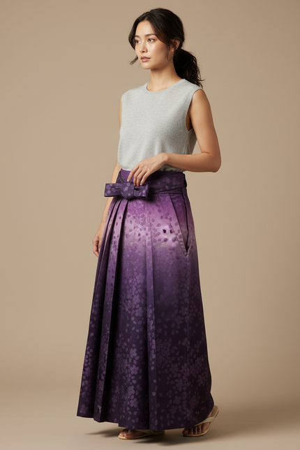Pantalon Japonais Plissé Fleuri Ombré Élégant Ceinturé Violet - Satin