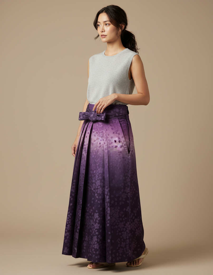 Pantalon Japonais Plissé Fleuri Ombré Élégant Ceinturé Violet - Satin