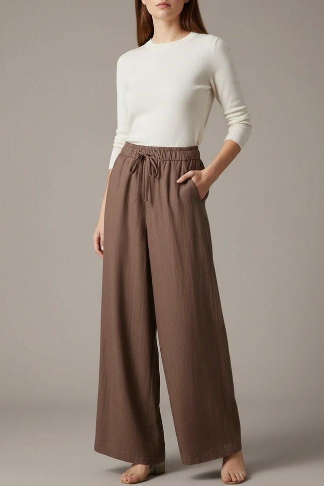Pantalon Japonais Marron Lin Ample Fluide Femme