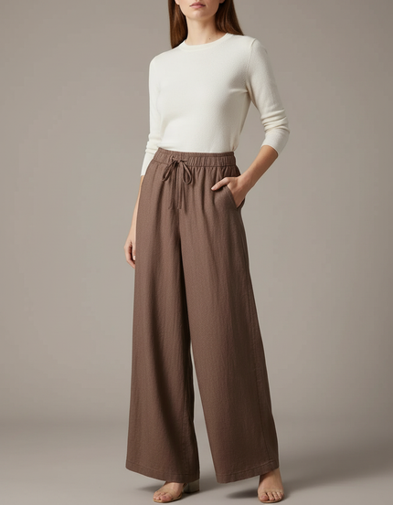Pantalon Japonais Marron Lin Ample Fluide Femme