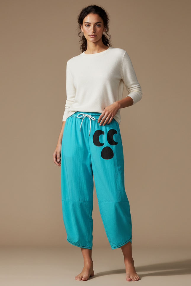 Pantalon Japonais Turquoise Ample Décontracté Noir Imprimé - Bleu Lin