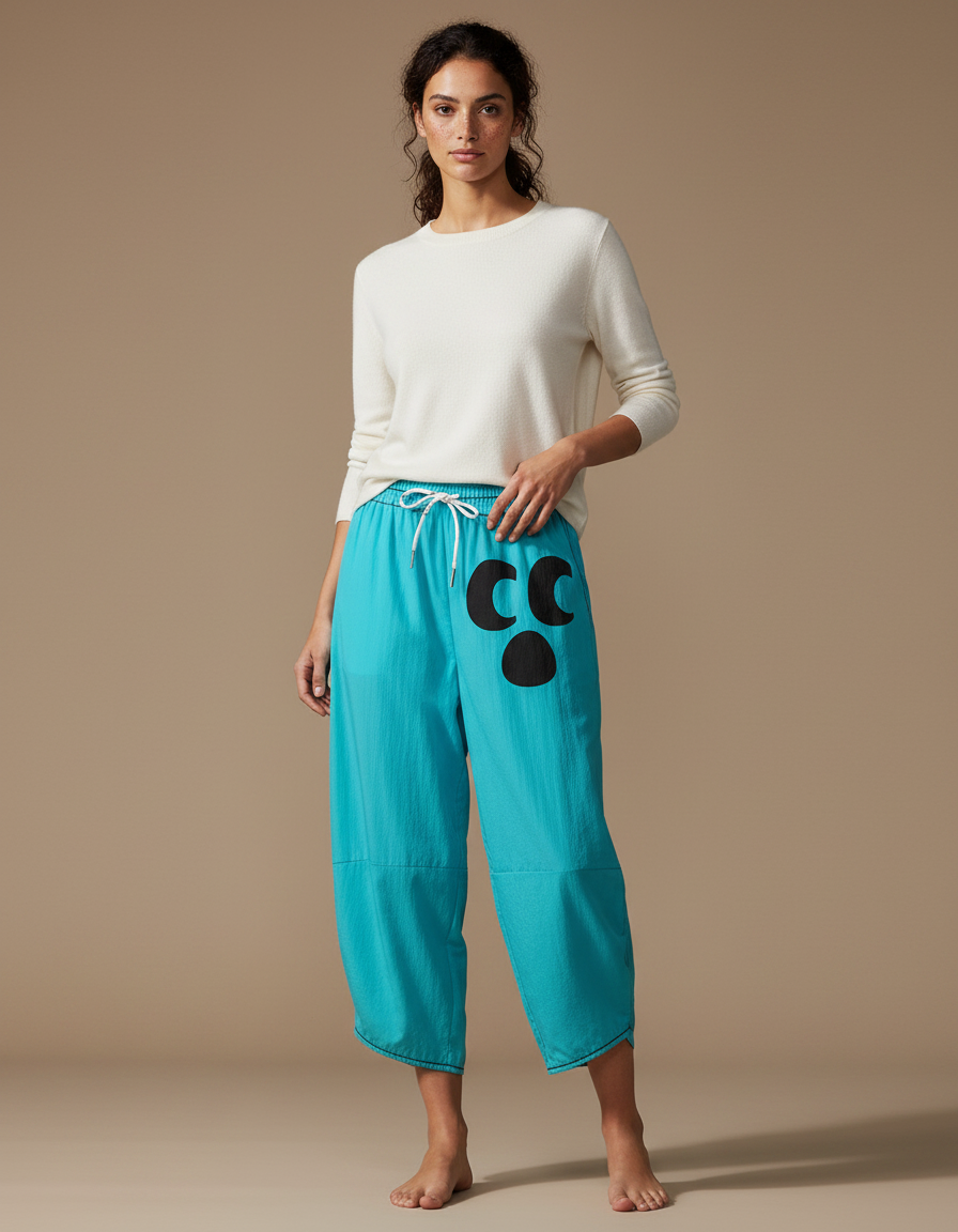 Pantalon Japonais Turquoise Ample Décontracté Noir Imprimé - Bleu Lin