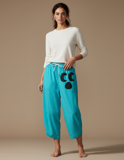 Pantalon Japonais Turquoise Ample Décontracté Noir Imprimé - Bleu Lin