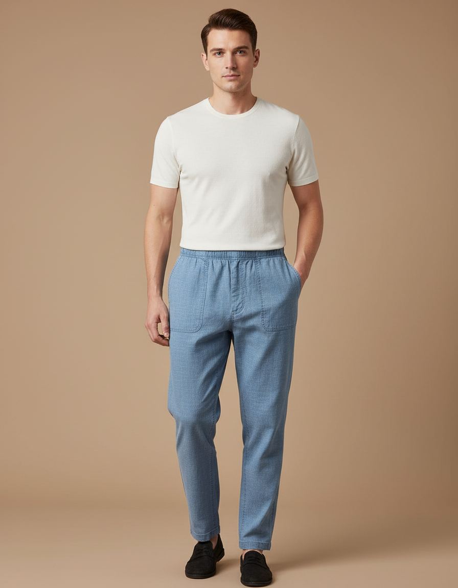 Pantalon Japonais Bleu Clair Lin Ample Décontracté Homme