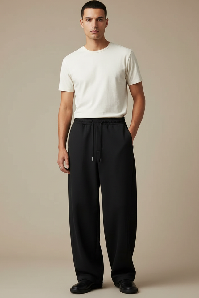 Pantalon Japonais Noir Fluide Cordon Homme Minimaliste Large - Molleton