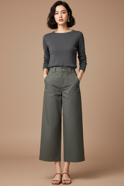 Pantalon Japonais Vert Kaki Ample Décontracté Coton - Toile