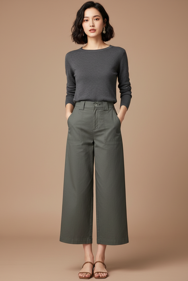 Pantalon Japonais Vert Kaki Ample Décontracté Coton - Toile