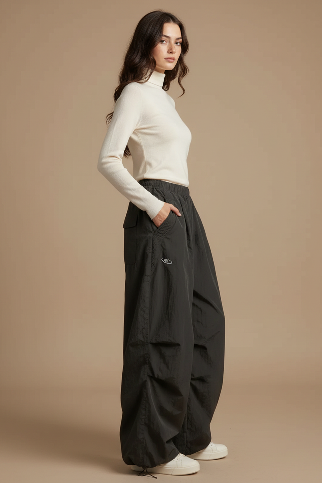 Pantalon Japonais Cargo Noir Ample Décontracté Oversize - Polyester