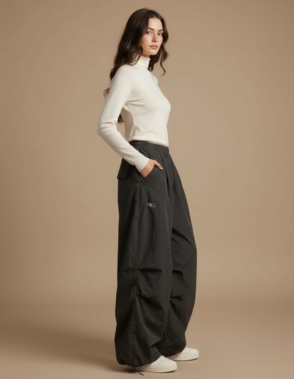Pantalon Japonais Cargo Noir Ample Décontracté Oversize - Polyester