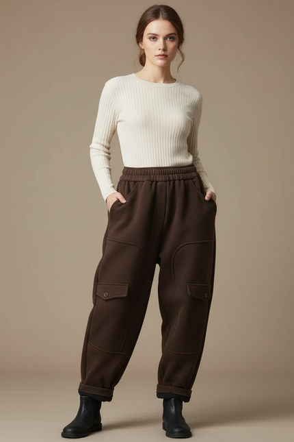 Pantalon Japonais Marron Cargo Ample Chaud Femme - Molleton