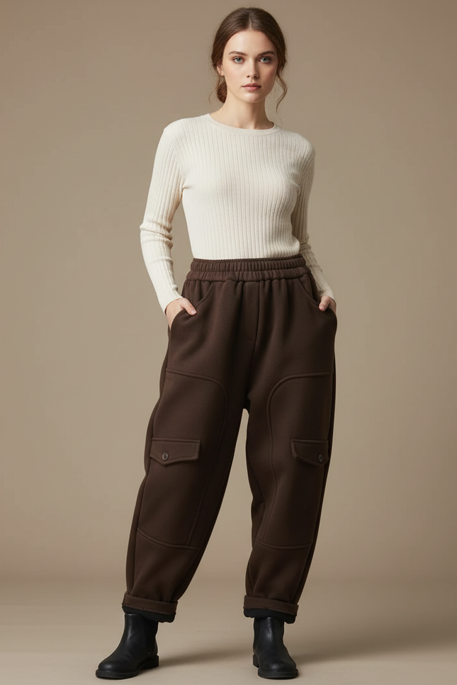 Pantalon Japonais Marron Cargo Ample Chaud Femme - Molleton