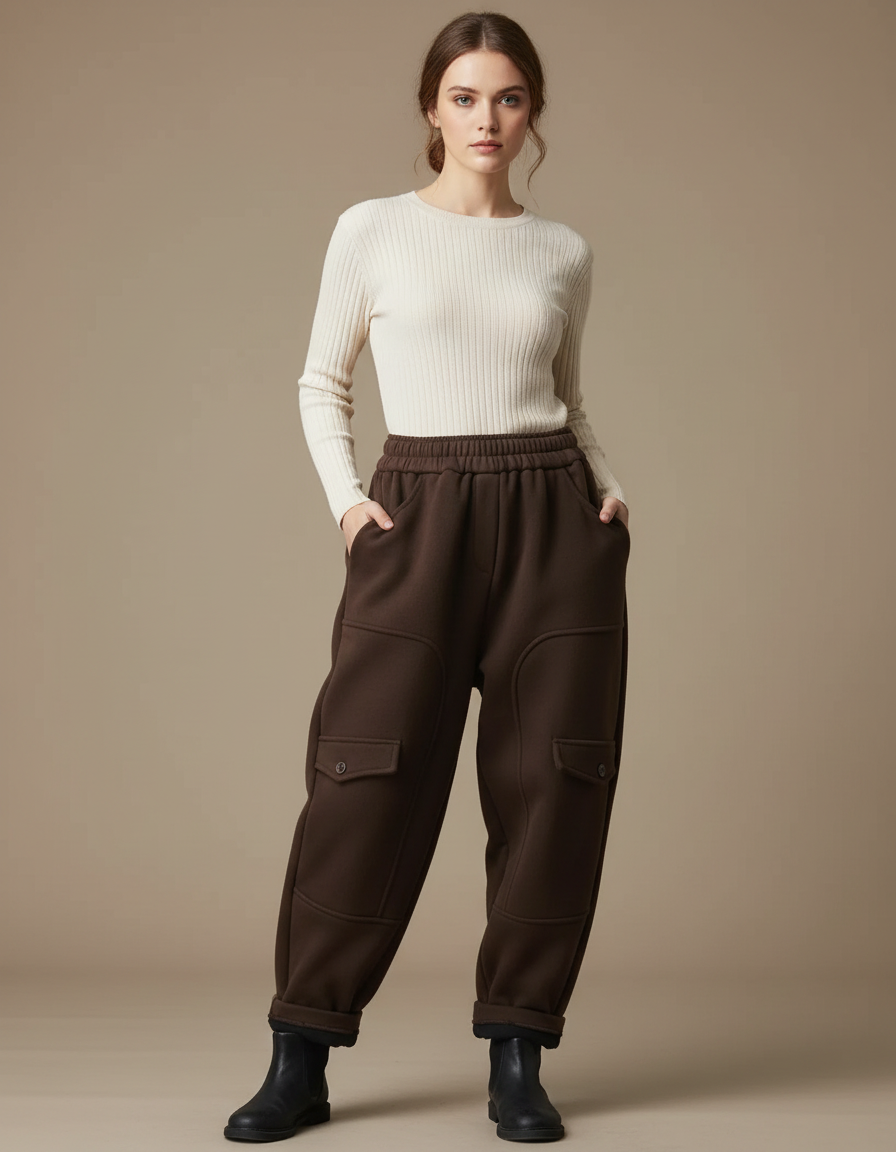 Pantalon Japonais Marron Cargo Ample Chaud Femme - Molleton