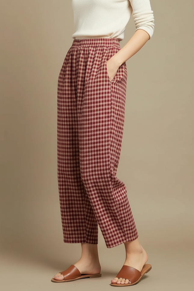 Pantalon Japonais Carreaux Rouge Ample Coton Confortable Femme