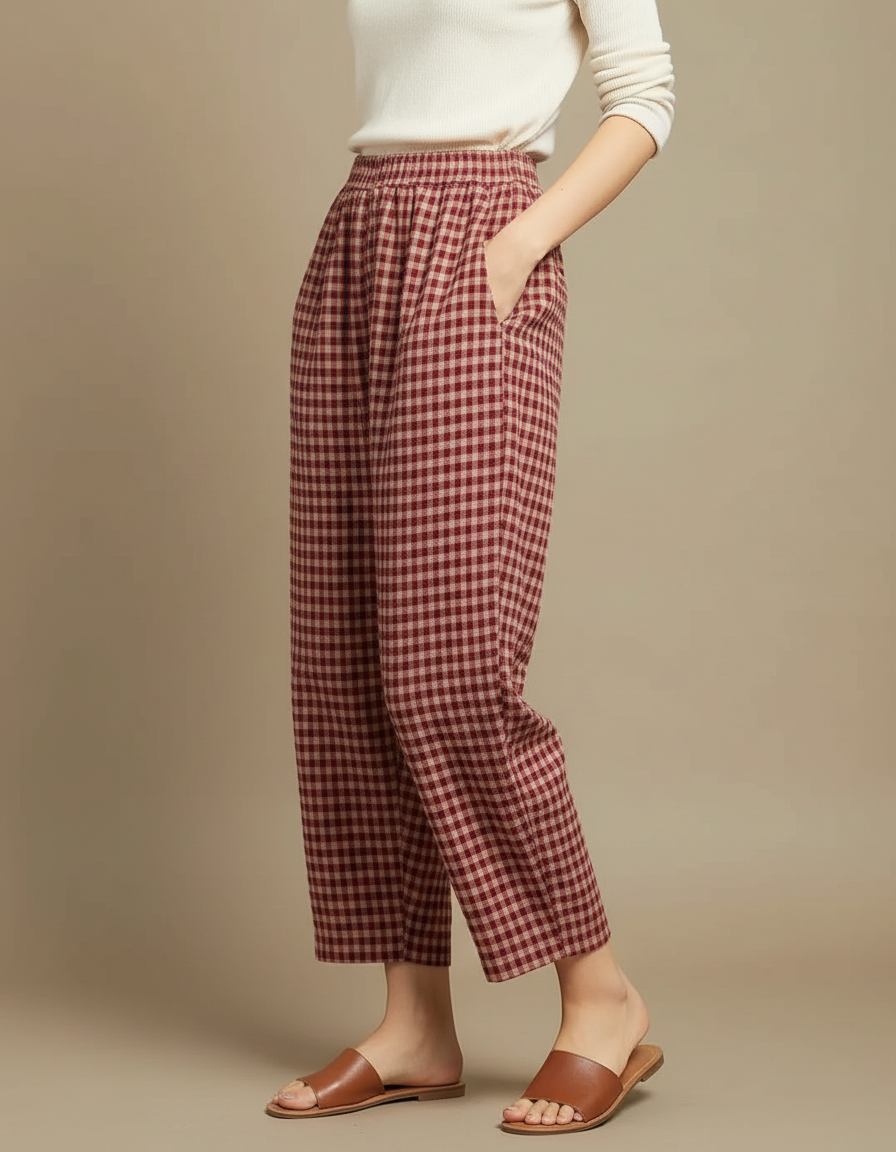 Pantalon Japonais Carreaux Rouge Ample Coton Confortable Femme