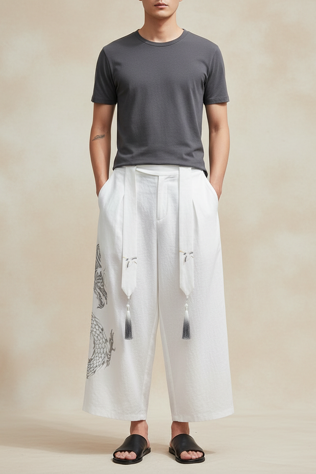 Pantalon Japonais Blanc Ample Lin Dragon Tassels