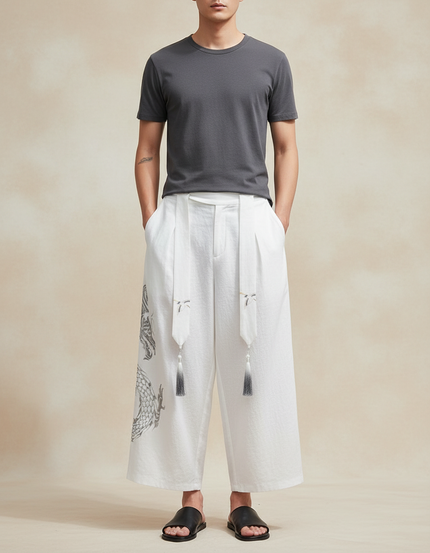 Pantalon Japonais Blanc Ample Lin Dragon Tassels