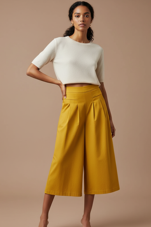 Pantalon Japonais Moutarde Ample Plissé Fluide Coton - Jaune