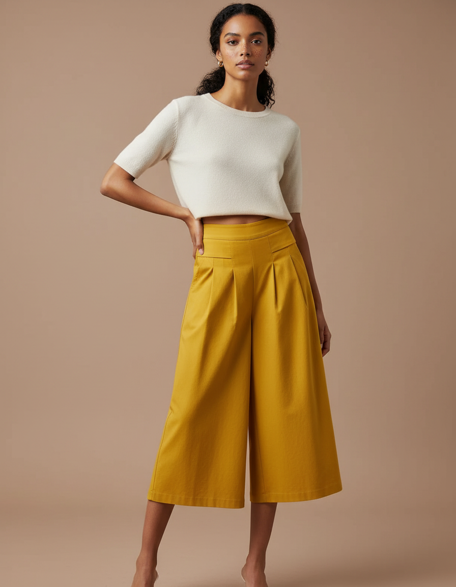 Pantalon Japonais Moutarde Ample Plissé Fluide Coton - Jaune