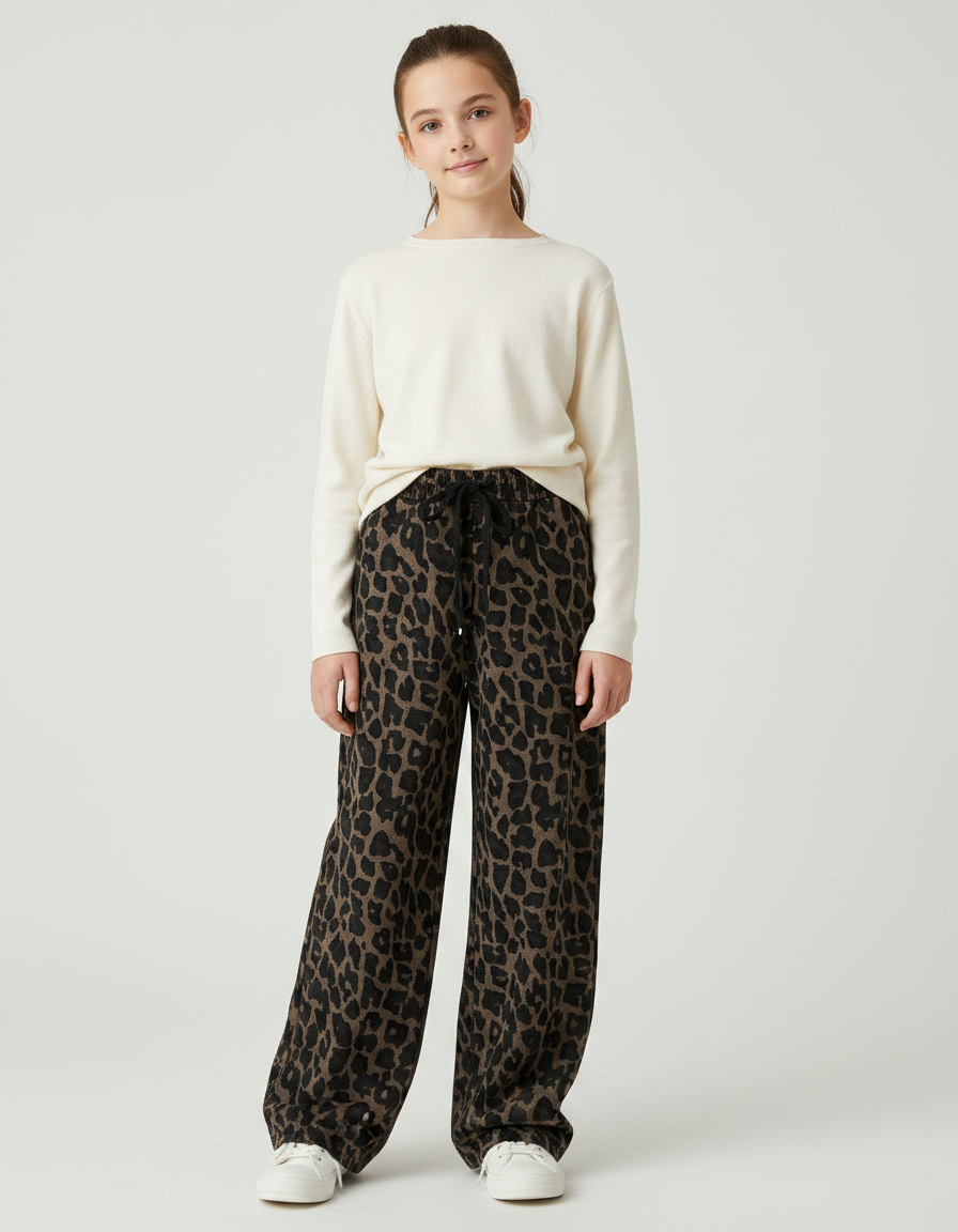 Pantalon Japonais Léopard Ample Marron Fille - Molleton