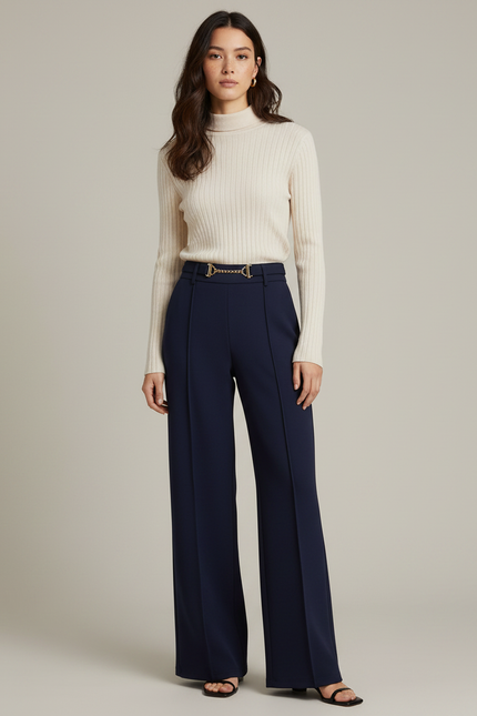 Pantalon Japonais Bleu Marine Fluide Élégant Ceinture Métal - Polyester