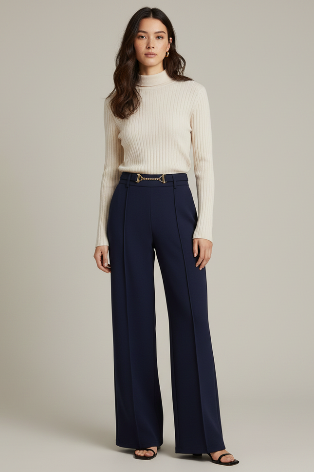 Pantalon Japonais Bleu Marine Fluide Élégant Ceinture Métal - Polyester