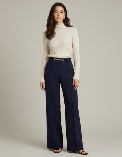 Pantalon Japonais Bleu Marine Fluide Élégant Ceinture Métal - Polyester