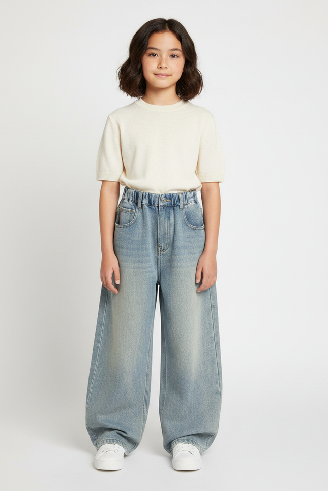 Pantalon Japonais Denim Ample Taille Élastique Bleu Clair - Jean