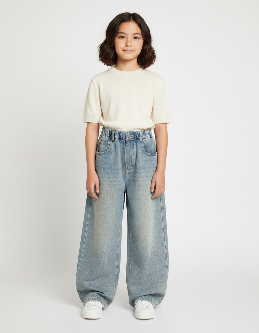 Pantalon Japonais Denim Ample Taille Élastique Bleu Clair - Jean