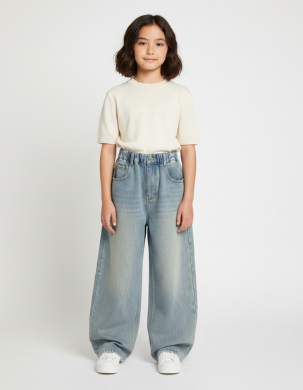 Pantalon Japonais Denim Ample Taille Élastique Bleu Clair - Jean