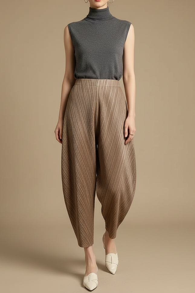 Pantalon Japonais Plissé Ample Marron Texturé Élégant Femme - Camel Polyester