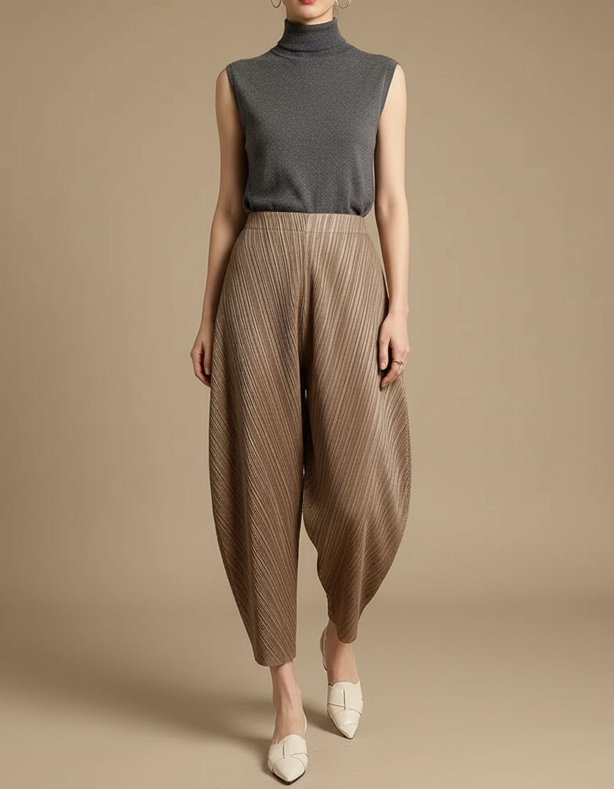 Pantalon Japonais Plissé Ample Marron Texturé Élégant Femme - Camel Polyester