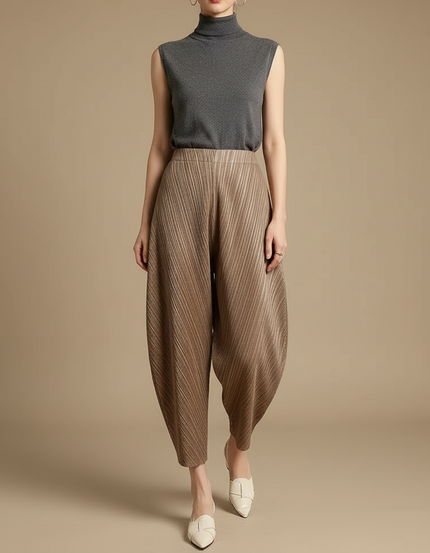 Pantalon Japonais Plissé Ample Marron Texturé Élégant Femme - Camel Polyester