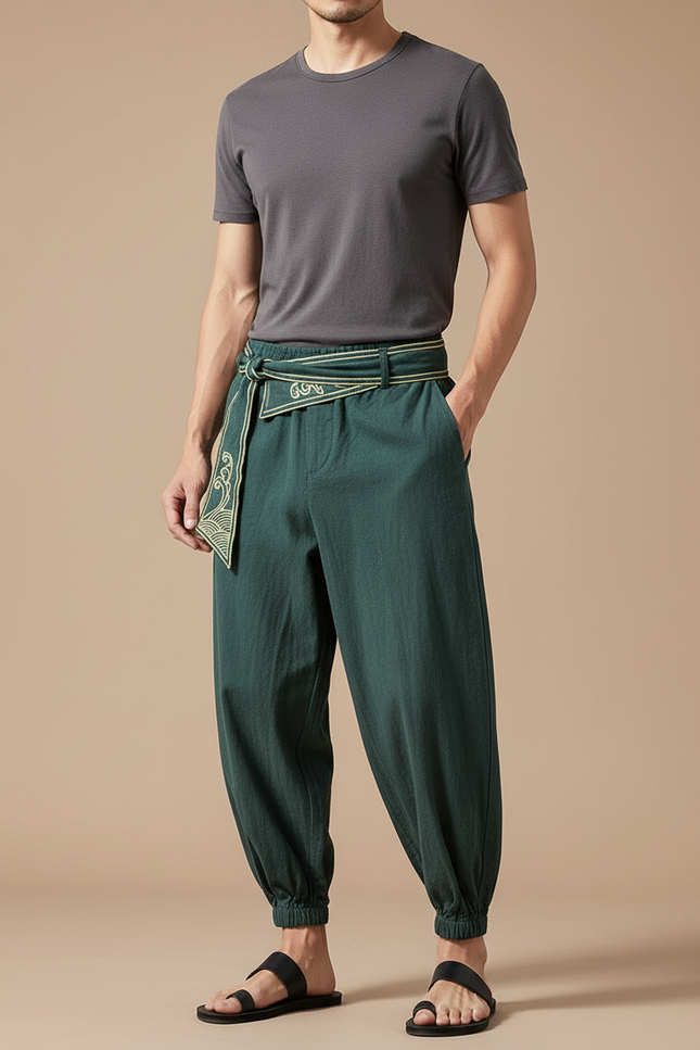 Pantalon Japonais Vert Lin Ample Ceinture Brodé Homme