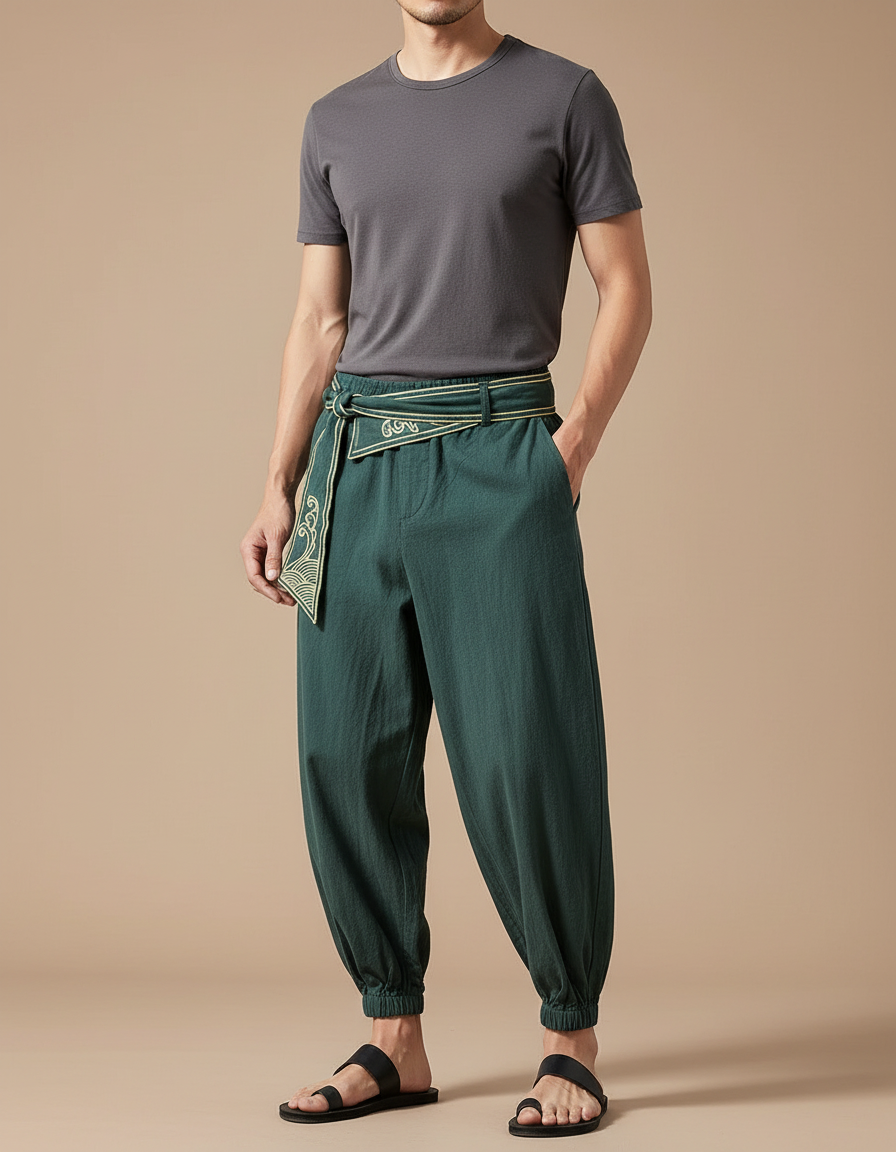 Pantalon Japonais Vert Lin Ample Ceinture Brodé Homme