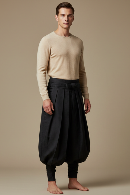 Pantalon Japonais Plissé Noir Ample Ceinturé Homme - Gabardine