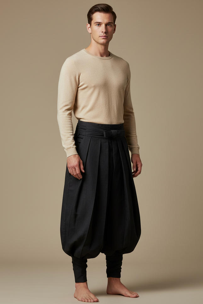 Pantalon Japonais Plissé Noir Ample Ceinturé Homme - Gabardine
