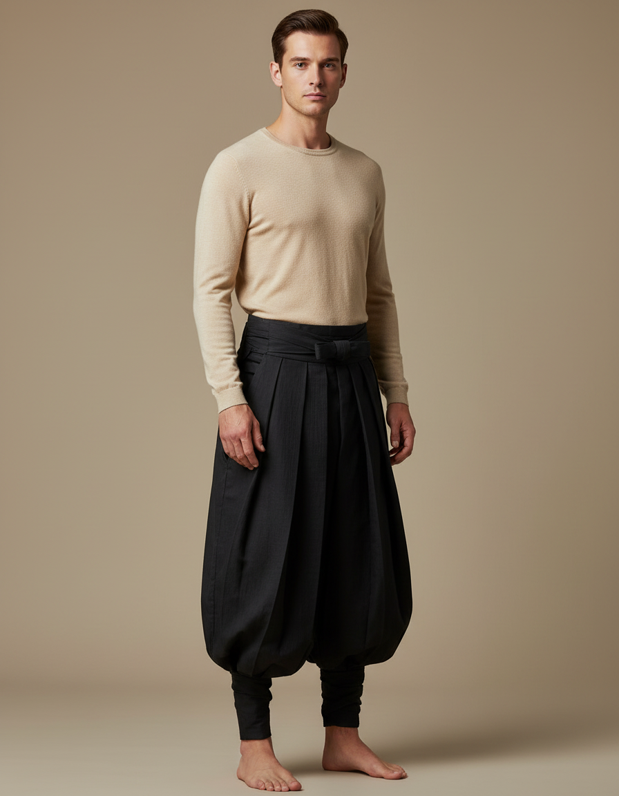 Pantalon Japonais Plissé Noir Ample Ceinturé Homme - Gabardine