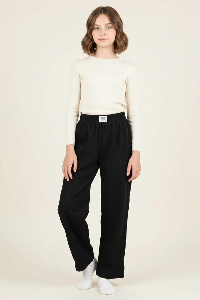 Pantalon Japonais Noir Côtelé Ample Enfant Décontracté - Cordé