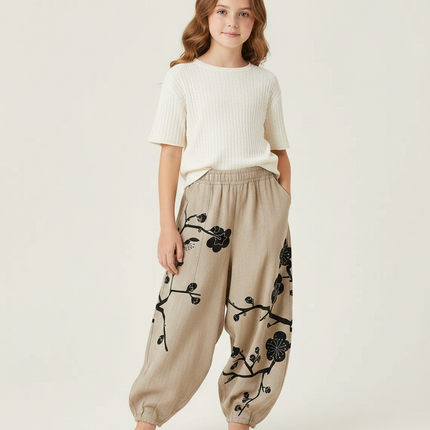 Pantalon Japonais Harem Beige Fleuri Enfant Décontracté - Lin