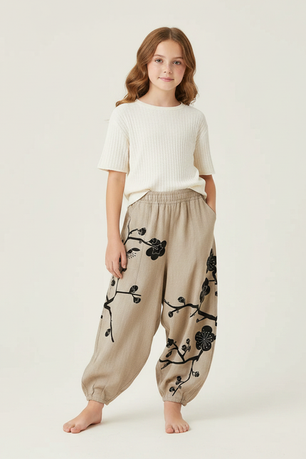 Pantalon Japonais Harem Beige Fleuri Enfant Décontracté - Lin