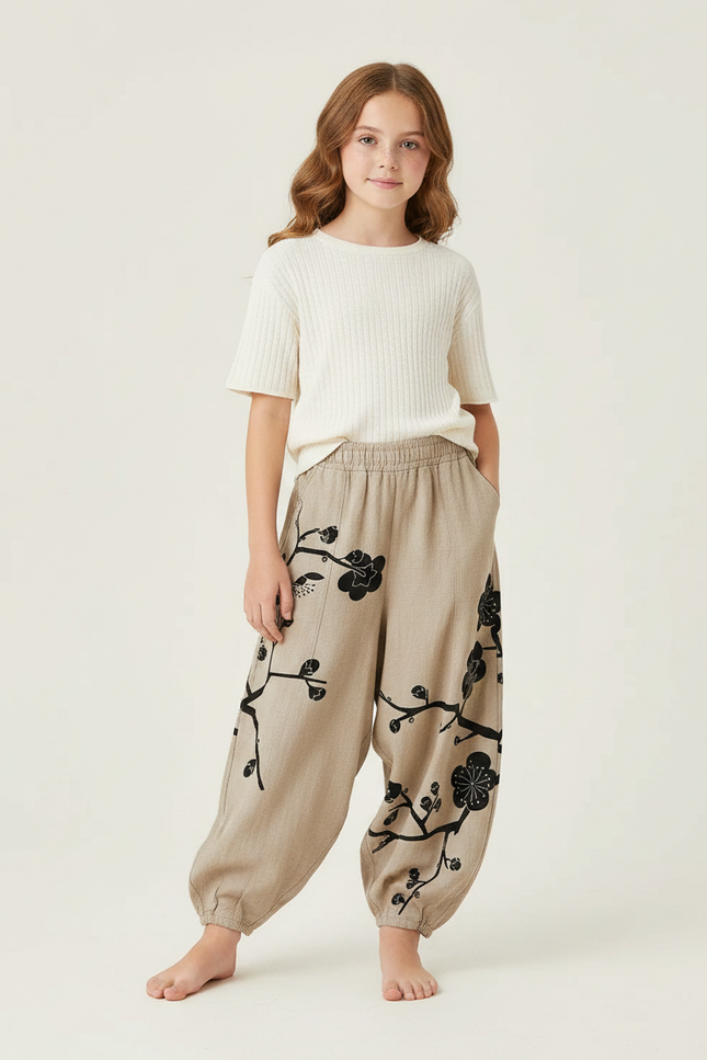 Pantalon Japonais Harem Beige Fleuri Enfant Décontracté - Lin