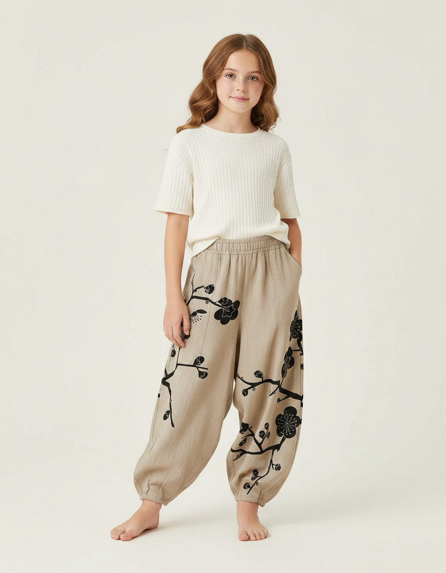 Pantalon Japonais Harem Beige Fleuri Enfant Décontracté - Lin