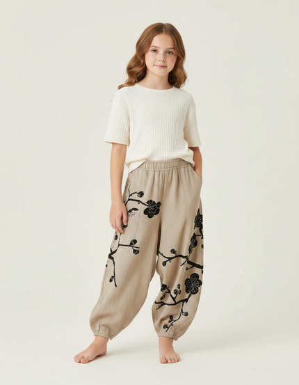 Pantalon Japonais Harem Beige Fleuri Enfant Décontracté - Lin