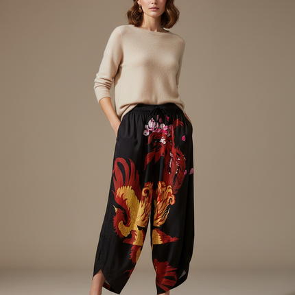 Pantalon Japonais Noir Fluide Ample Phénix Élastique - Satin