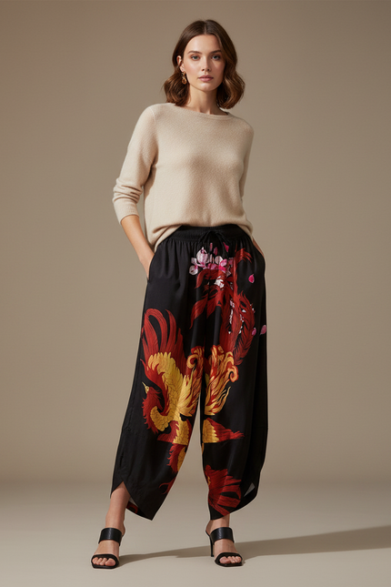 Pantalon Japonais Noir Fluide Ample Phénix Élastique - Satin