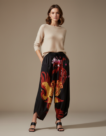 Pantalon Japonais Noir Fluide Ample Phénix Élastique - Satin