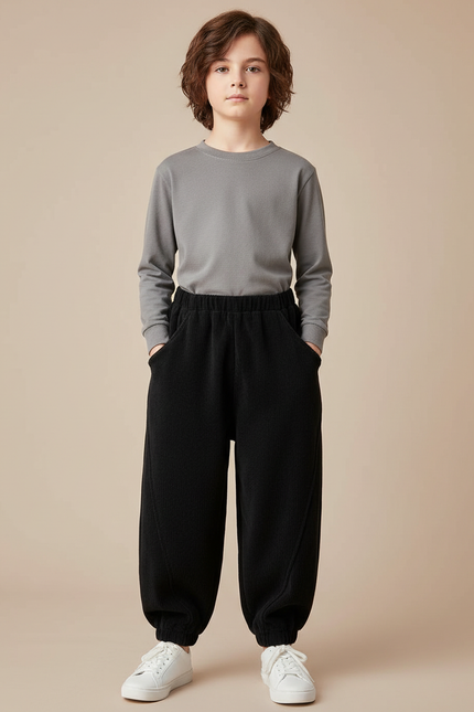 Pantalon Japonais Côtelé Noir Ample Enfant Décontracté - Cordé